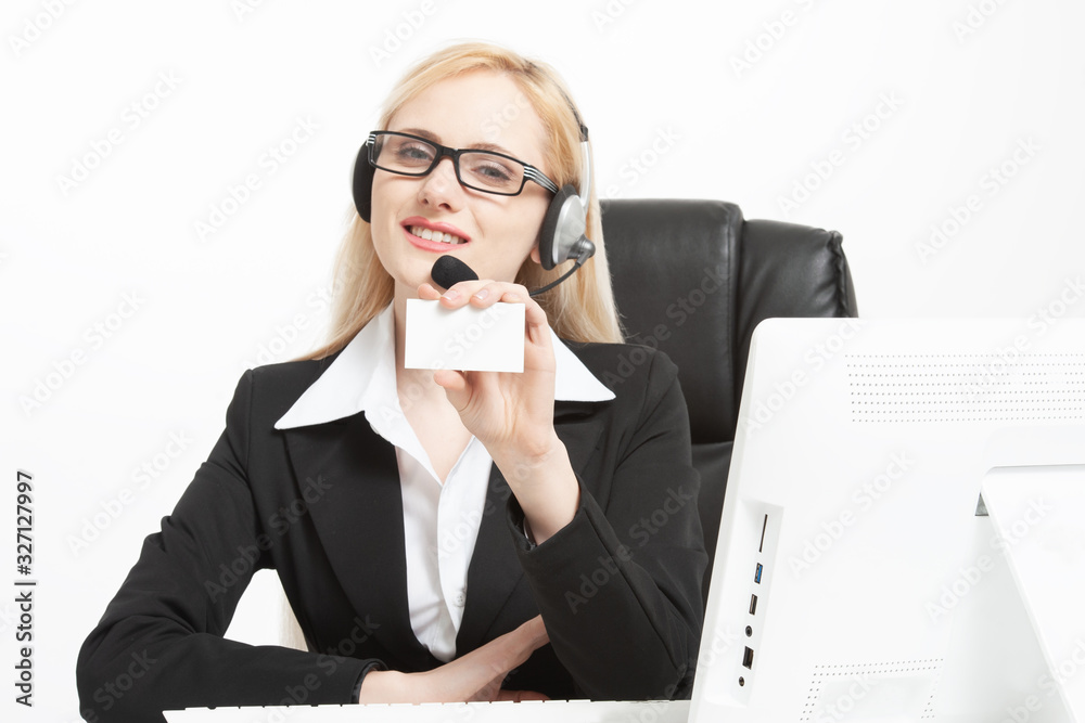 Smiling woman with glasses holding a white empty card Smiling woman with glasses holding a white empty card