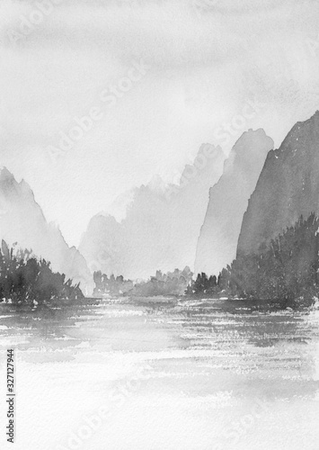 山と湖の風景 水墨画 山水画 モノクロ Stock イラスト Adobe Stock