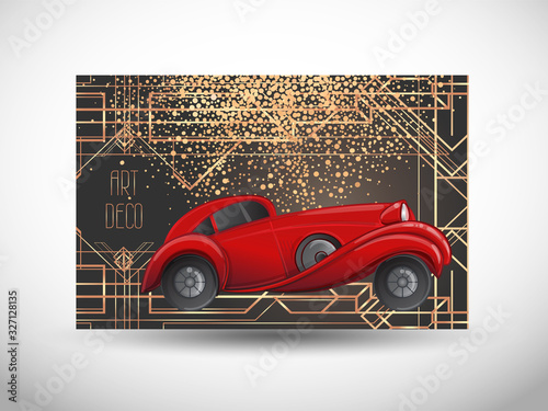 Art Deco vintage invitation template design with illustration of a red car. Vector illustration. Roaring Twenties. Classic automobile, luxury vintage concept.