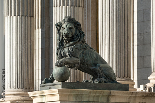 Sculpture of lion in the Congress of Deputies (Congreso de Los Diputados), Spanish Parliament, (Palacio de las Cortes), Madrid, Spain