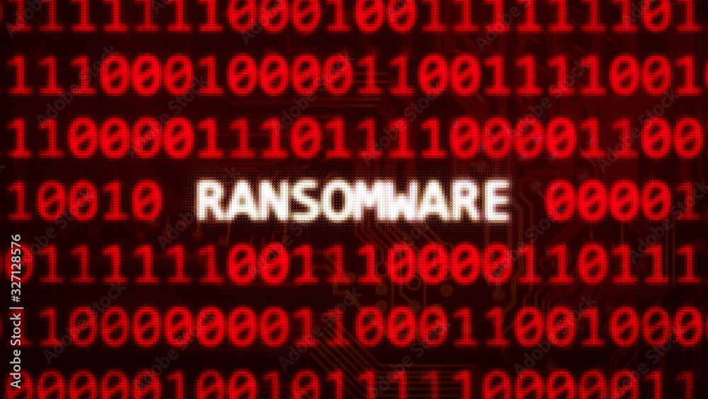 Ransomware text on random binary code red screen - computer technology words series 3D render - obrazy, fototapety, plakaty 
