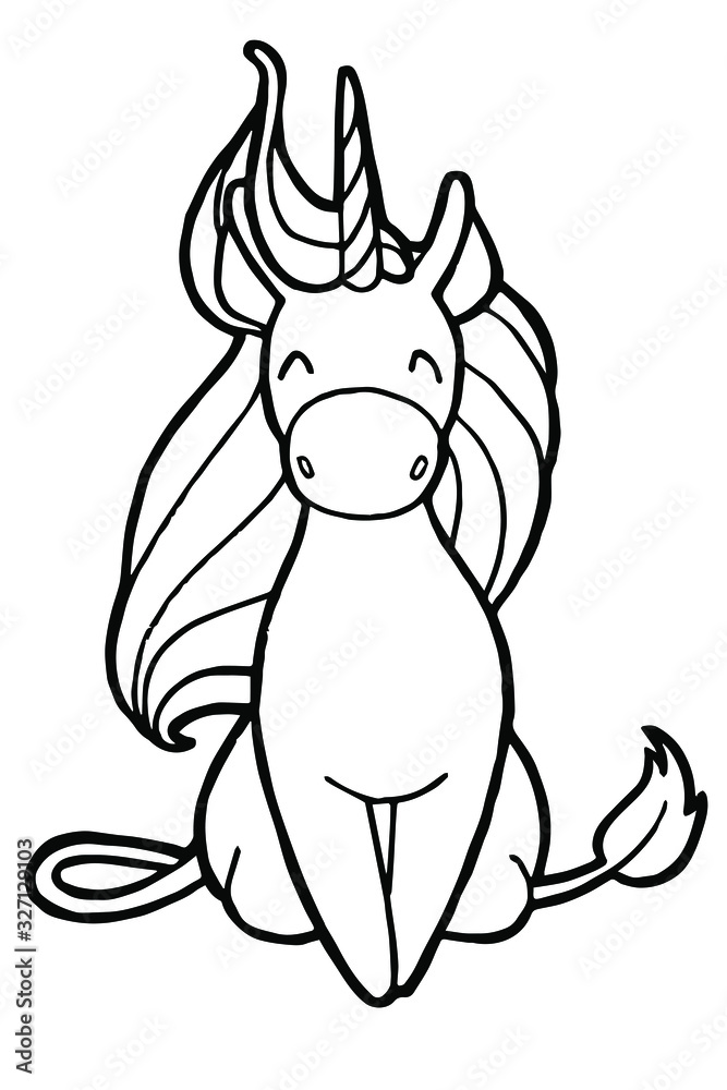 Vector illustration. Hand drawing. Cartoon unicorn. Sitting unicorn. Isolated on white. Coloring page. Cute character. The original print. Vector illustration. Hand drawing. Cartoon unicorn. Sitting unicorn. Isolated on white. Coloring page. Cute character. The original print.