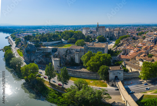 Aerial townscape scenery of Avignon city under summer blue sky