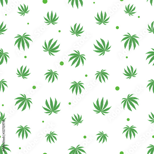Marijuana pattern. Cannabis plant. Vector cannabis leaf, seeds scarf isolated repeat wallpaper tile background white. Design templates for textiles, packaging materials. Marijuana Legalization. © velishchuknatali