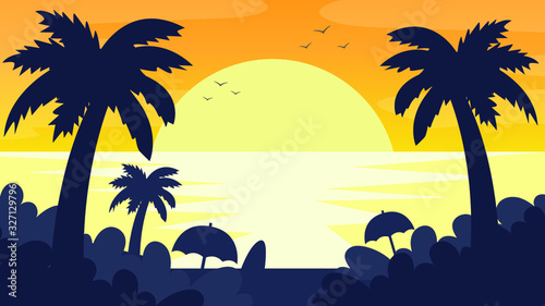 Vector illustration of a beautiful beach with sunset and sea background. Flat Vector Illustration. Flat Design Background. Web vector illustration. Vector Background.