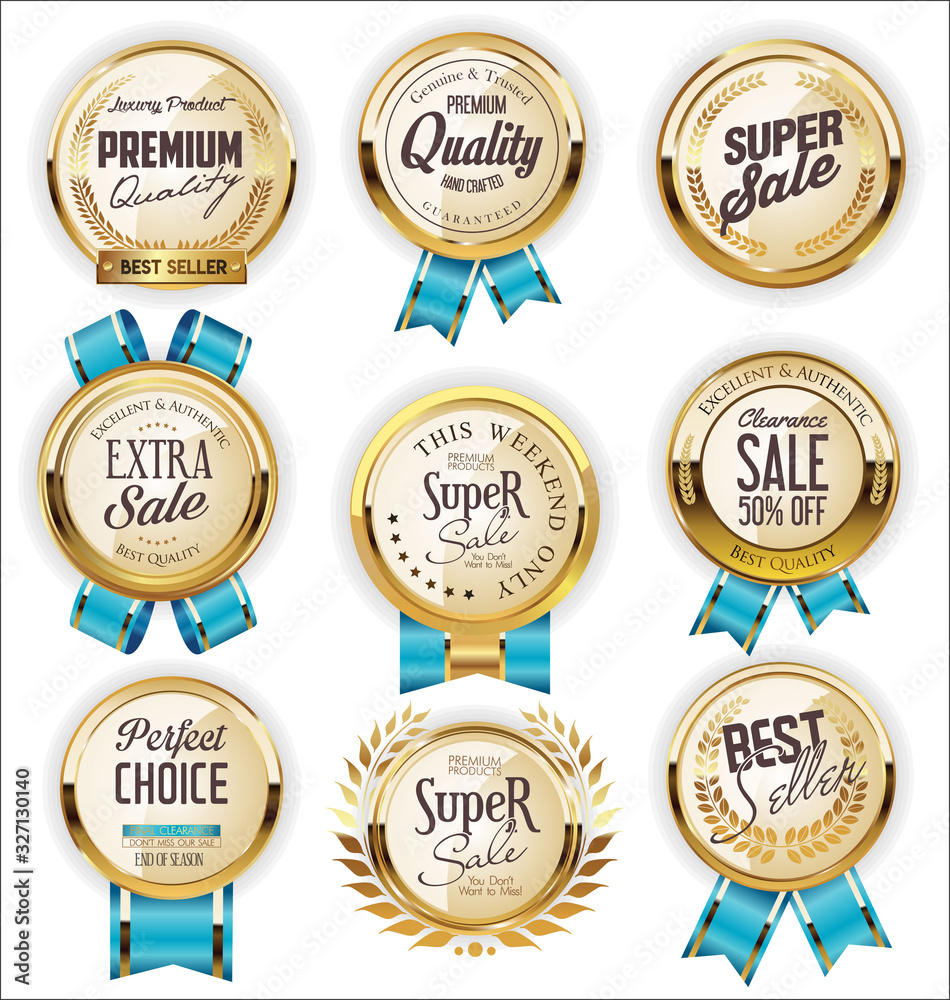 A collection of various badges and labels 