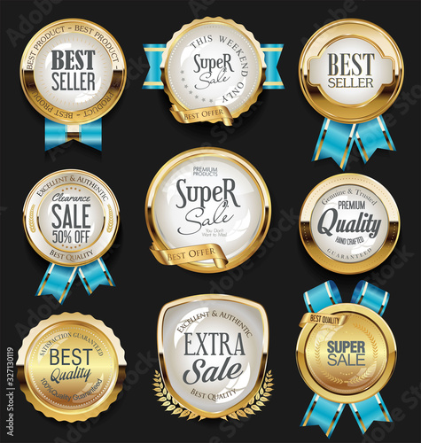 A collection of various badges and labels 