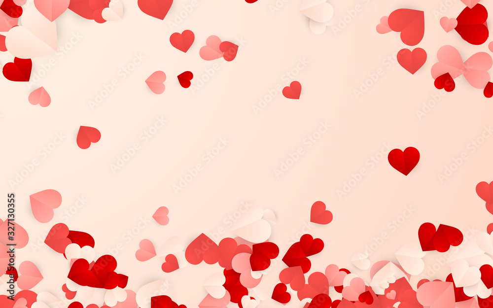 Happy Valentines Day background, paper red, pink and white hearts confetti. Vector illustration