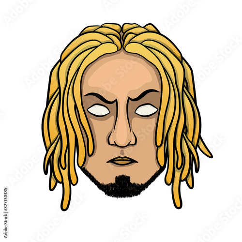 face of a man with dreadlocks with a beard and white eyes. severe emotion. illustration isolated on white background