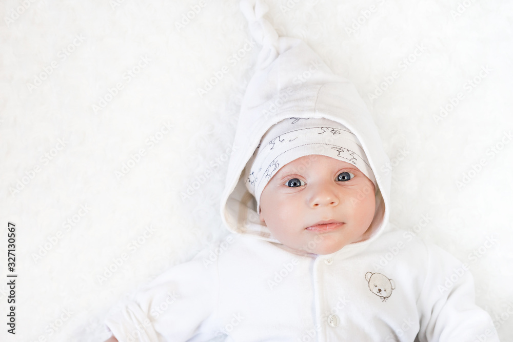 Portrait of a newborn in a hat with ears on a white background. Portrait of a newborn in a hat with ears on a white background.