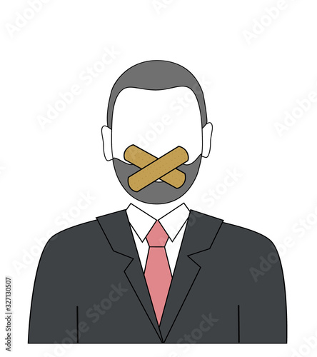 businessman with mouth shut. prohibition to speak. vector illustration.