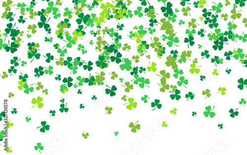 Saint Patrick's Day Border with Green Four and Tree Leaf Clovers on White Background. Irish Lucky and success symbols. Vector illustration