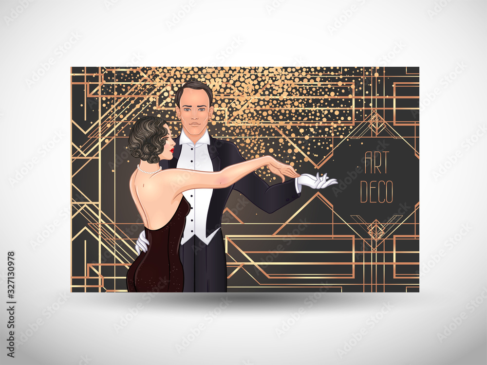 Obraz premium Art Deco vintage invitation template design with illustration of flapper girl. patterns and frames. Retro party background set 1920s style. Vector for glamour event, thematic wedding or jazz party.