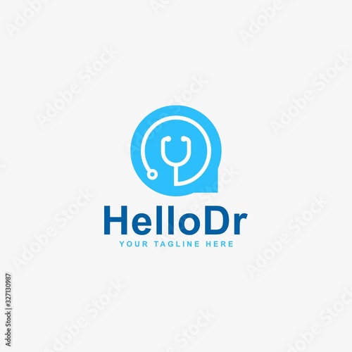 Medical care logo design. Hello doctor abstract vector. Bubble chat and stethoscope icon symbol.