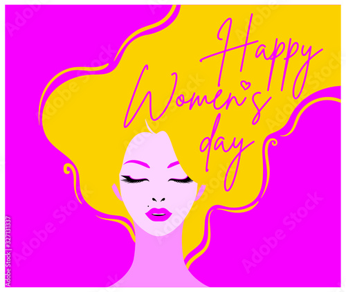International Women s Day. Vector illustration of pretty woman portrait with fluttering hair in flat style. Stylish design templates for cards  posters  flyers  banners.