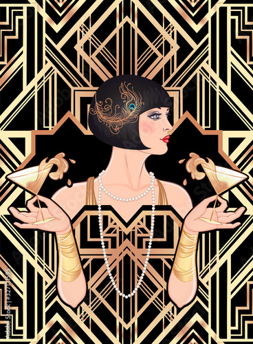 Female hand holding cocktail glass with splash. Art deco style vintage invitation template design for drink list, bar menu, glamour event, thematic wedding, jazz party flyer. Vector art.
