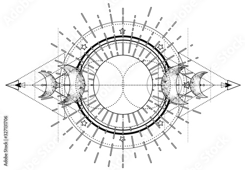 Triple moon pagan Wicca moon goddess symbol. Three-faced Goddess. Maiden, Mother, Crone vector illustration. Coloring book.