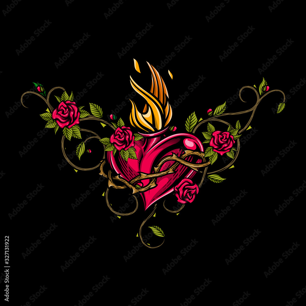 Sacred heart with floral arrangement. Colorful vector illustration of ...