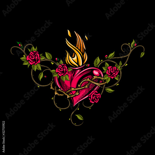 Sacred heart with floral arrangement. Colorful vector illustration of flaming heart with crown of thorns and roses ornament in engraving technique. Good for stickers, t-shirt prints, banners, icons.