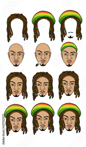 set of heads and hairstyles with dreadlocks. Rastaman culture.Vector .Isolated on white background.