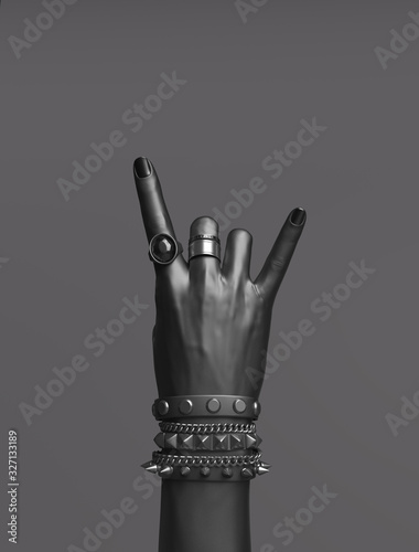 Rock hand sign, black female hand punk rock gesture with metal wrist bracelets isolated, creative art protest banner, 3d rendering photo