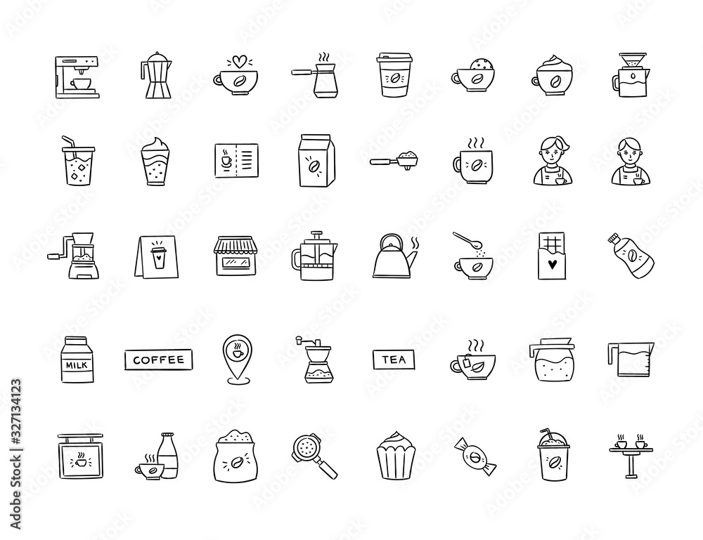 Coffee shop vector icons on white background. Hand drawn coffee elements collection. Cafe symbols, hot drinks and desserts Coffee shop vector icons on white background. Hand drawn coffee elements collection. Cafe symbols, hot drinks and desserts