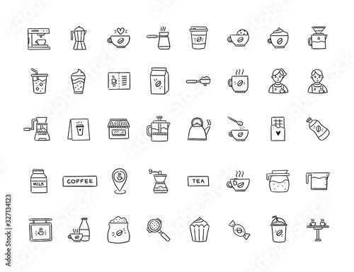 Coffee shop vector icons on white background. Hand drawn coffee elements collection. Cafe symbols, hot drinks and desserts