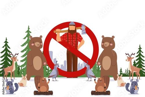 Lumberjack cartoon character with ax in the forest vector flat illustration. Illegal Deforestation prohibition sign. Bearded woodcutter with moustache in checkered shirt, hat with wild animals.