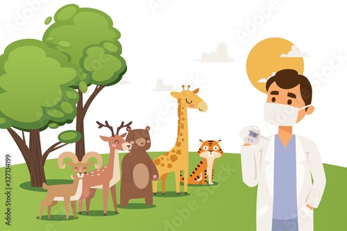 Veterinarian inspects animals deer, giraffe, ram, bear, tiger. Vet doctor in mask and lab coat with thermometer. Veterinary examination. Wild animal treatment. Flat vector illustration.