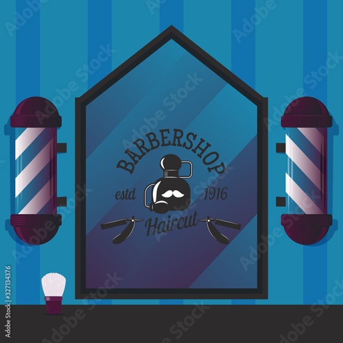 Barbershop vector illustration for banner, sign, badge or shop label design with cologne bottle, barber pole, shaving brush and straight razor icon. Templates for hair salon logo with blue background.