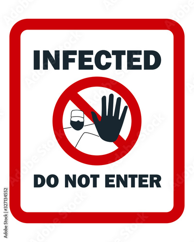 Stop virus. A warning sign about the danger of infection with a new coronavirus. A doctor in a medical mask prohibits entry.
