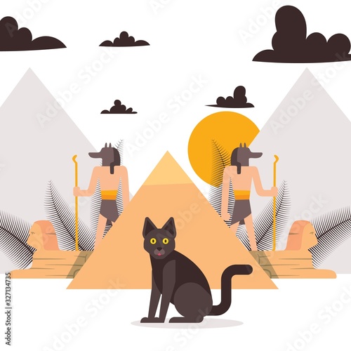 Black cat and elements of ancient Egypt culture vector illustration, Egyptian gods Anubis with head of jackal animals, pyramid and sphinx sculpture. Mythology symbols of Africa. Cartoon flat style.