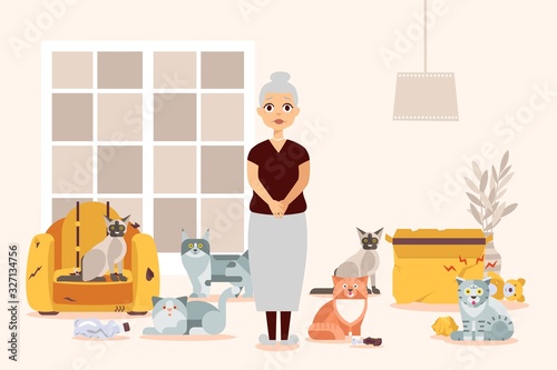 Old woman with cats vector illustration, elderly female cartoon character with crazy kittens as pet animals at home. Torn armchair and ripped by kitty box. Food, teddy bear and bottle on the floor.