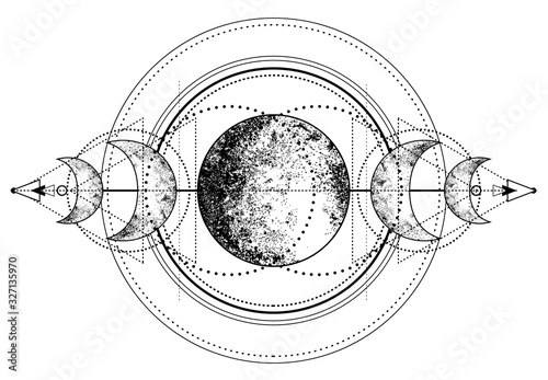 Triple moon pagan Wicca moon goddess symbol. Three-faced Goddess. Maiden, Mother, Crone vector illustration. Coloring book.