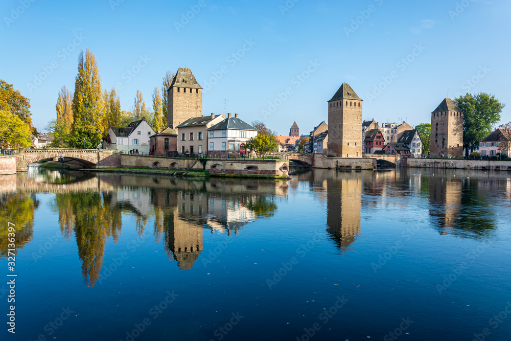 Famous oldtown of Strassbourg Petite France with reflections in the water