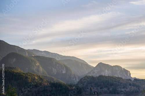 Sunset over large rock for climbing mountain in Canada top world climbing mountain in Squamish Vancouver Chief sunrise beautiful colorful climbers paradise 
