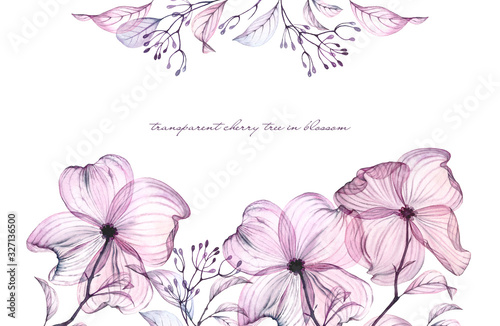 Watercolor floral banner. Transparent flowers with purple petals and leaves. Borders with place for text. Hand painted bouquet isolated on white for cards, wedding invitations