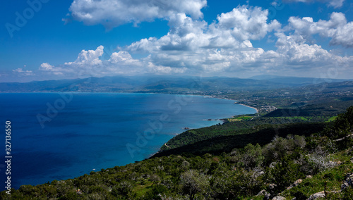 Green mountainous coast of the Mediterranean Sea on the Akamas Peninsula in the northwest of the island of Cyprus. © fifg