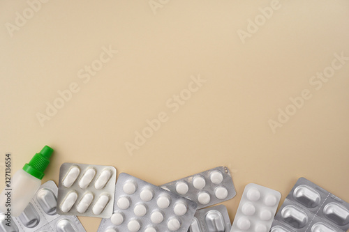 Pills and capsules in blister pack. Pharmaceutical industry. Drug and herbal interactions. Copy space for your text 