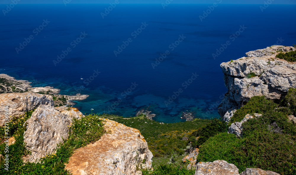 Green mountainous coast of the Mediterranean Sea on the Akamas Peninsula in the northwest of the island of Cyprus.