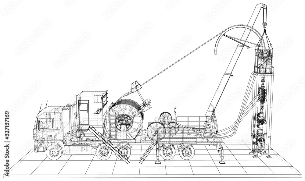 Fototapeta premium Coiled tubing Truck unit machine. The layers of visible and invisible lines are separated. EPS10 format. Wire-frame.