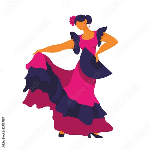 Flamenco dancer in a dance pose with a fan in her hand on a white background. Symbol of Spain for tourist guides, Souvenirs, promos. Poster for dance schools and festival. Cartoon vector illustration.