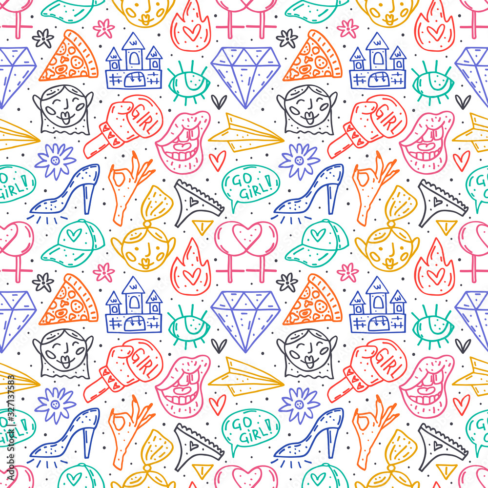 Go girl cute cartoon hand drawn doodle vector seamless pattern, texture, background, backdrop. Funny neon design. Isolated on white background. Feminist symbols. Women's day. Women`s rights. Go girl cute cartoon hand drawn doodle vector seamless pattern, texture, background, backdrop. Funny neon design. Isolated on white background. Feminist symbols. Women's day. Women`s rights.