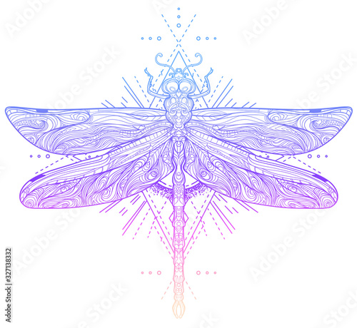 Dragonfly over sacred geometry sign, isolated vector illustration. Tattoo ske...