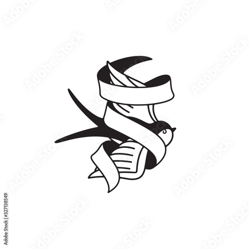 Swallow tattoo template with vintage ribbon. Traditional tattoo swallow old school tattooing style ink.
