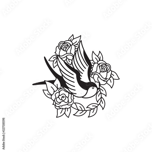 Swallow and roses tattoo template. Traditional tattoo swallow and rose old school tattooing style ink.