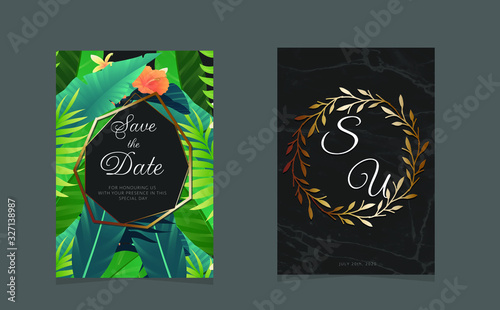Wedding invitation cards with indigo marble texture background and gold geometric line design vector.