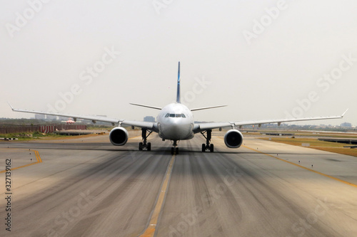 Bangkok/Thailand-March 2019: The aircraft on the runway of Suvarnabhumi Airport is ready to take off.