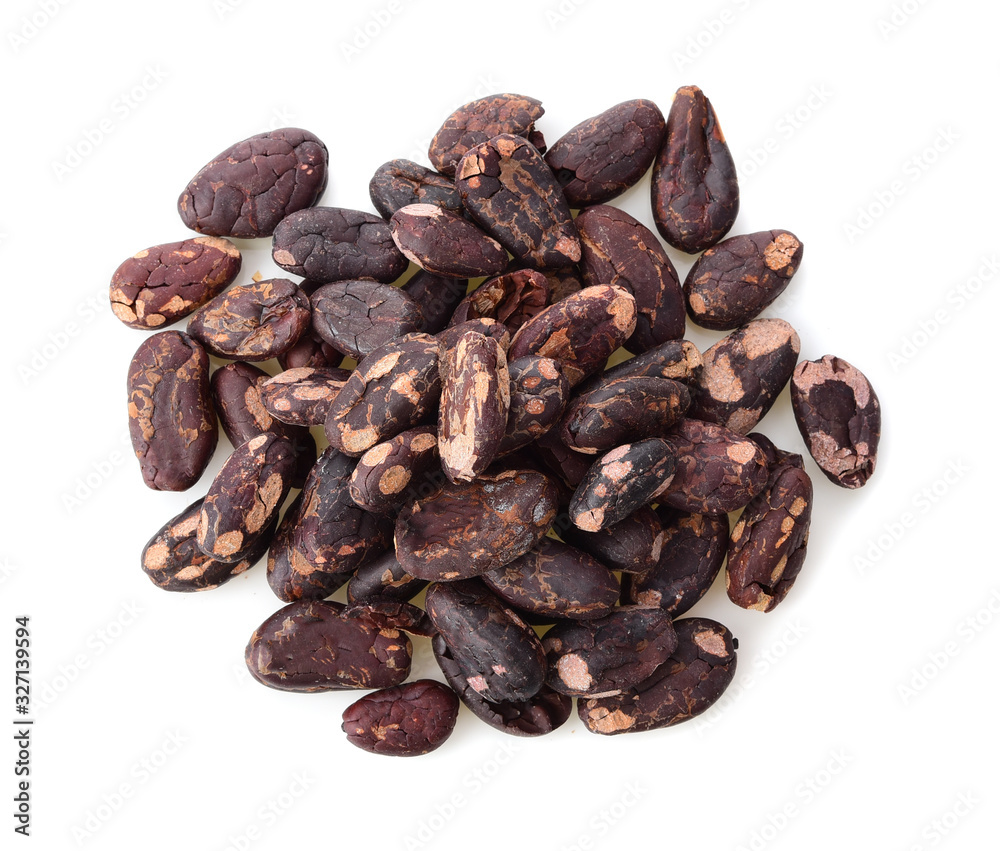 Cacao beans on white background Cacao beans on white background