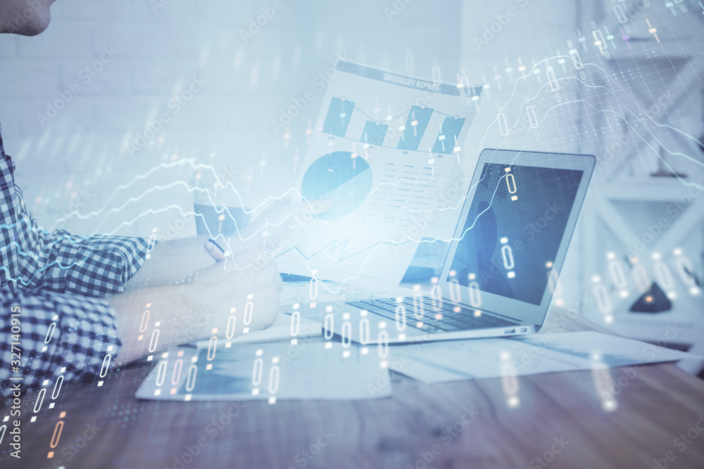 Multi exposure of financial graph with man works in office on background. Concept of analysis. Multi exposure of financial graph with man works in office on background. Concept of analysis.